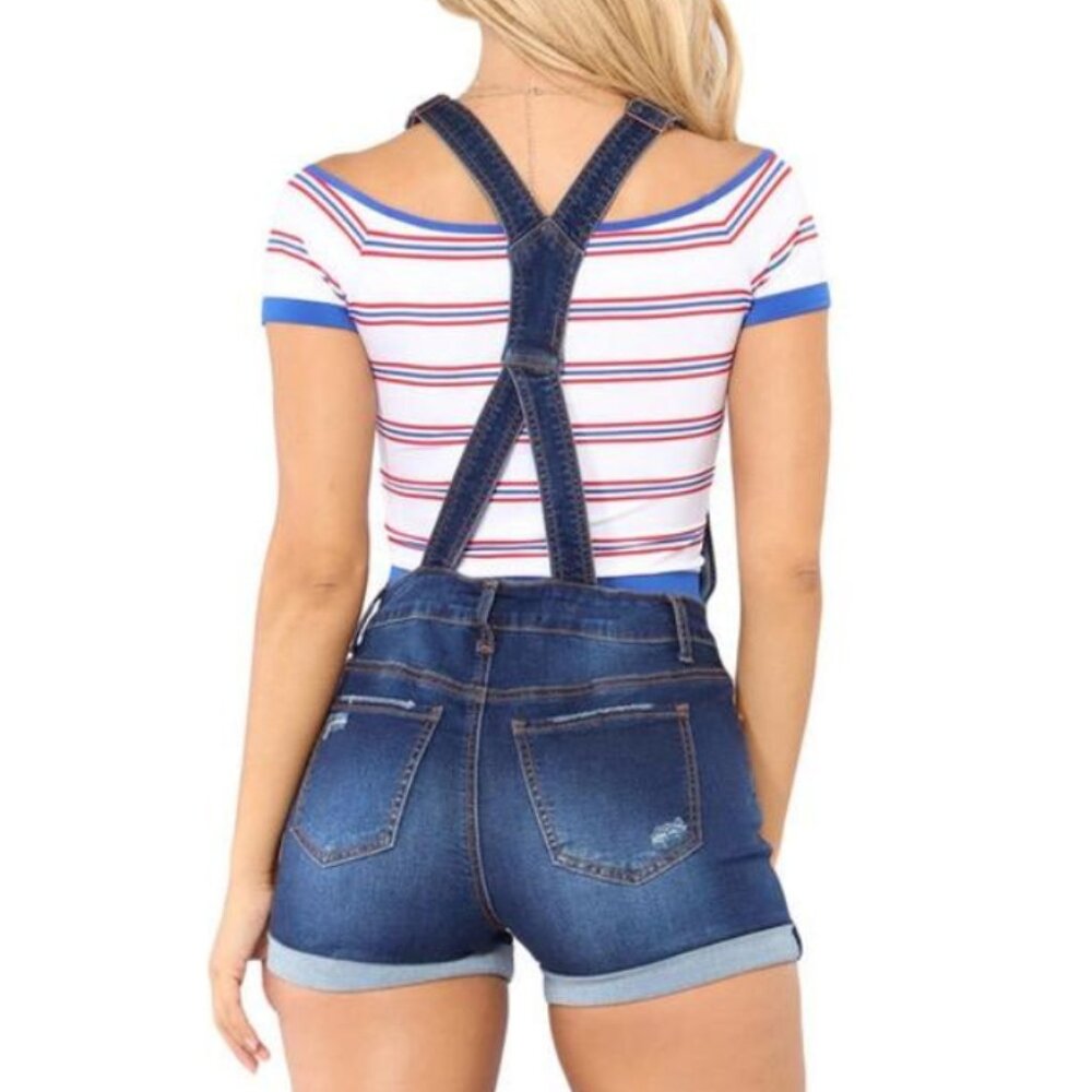 Adjustable Strap Button Front Ripped Short Jeans … - image 2